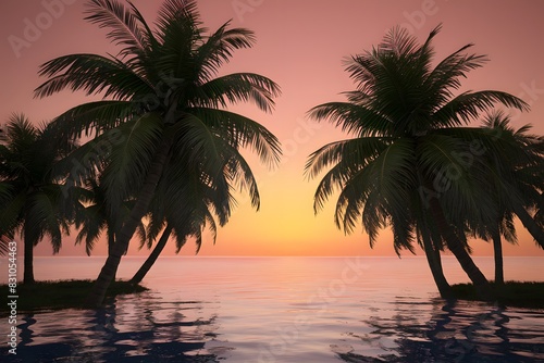 Warm tropical sunset with palms and still waters, evoking relaxation and tranquility.