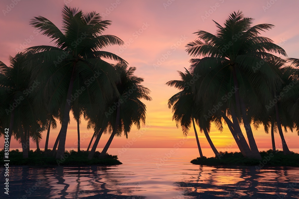 Warm tropical sunset with palms and still waters, evoking relaxation and tranquility.