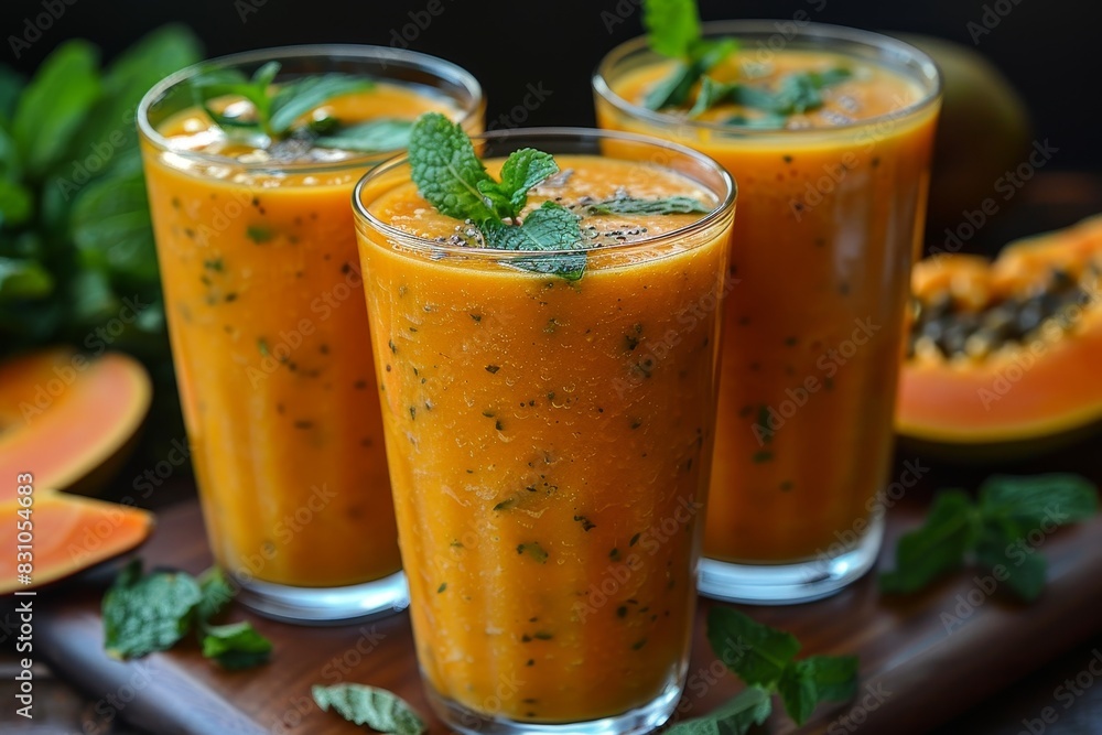 Papaya Smoothie - Bright orange with papaya chunks and mint. Papaya Smoothie - Bright orange with papaya chunks and mint.