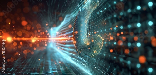 A 3D conceptual image of a cyber worm trying to infiltrate a digital wall, with advanced security algorithms visualized as barriers of light blocking the worm's path. photo