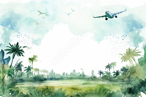 Tropical Watercolor Frame with Palm Trees and Airplane and Copy Space
