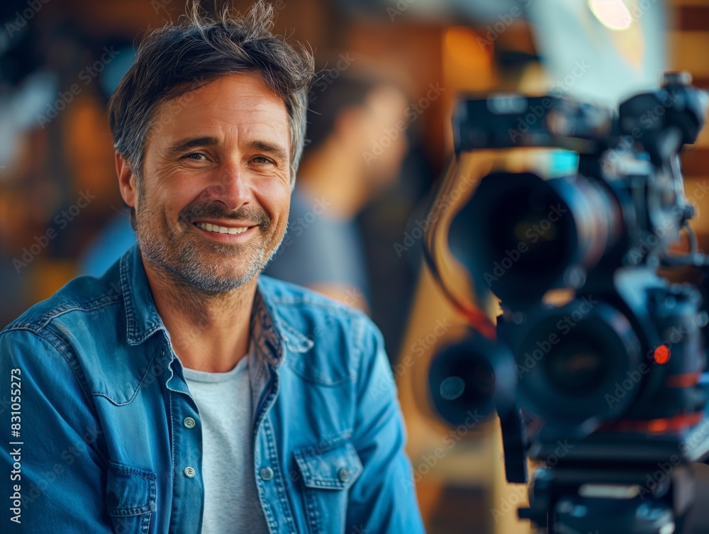 A Film Director male wearing casual professional attire, standing in front of a film set, smiling and looking into the camera A Film Director male wearing casual professional attire, standing in front of a film set, smiling and looking into the camera