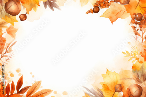 Autumn Watercolor Frame with Orange Leaves and Acorns and Copy Space
