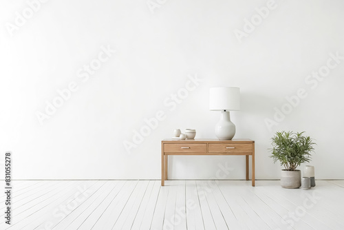 Minimalist Interior with Wooden Console Table and White Lamp photo
