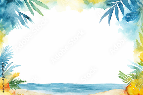 Tropical Beach Watercolor Frame with Palm Leaves and Copy Space
