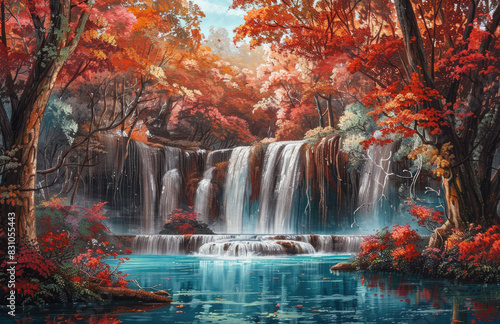Waterfall in autumn. Created with Ai