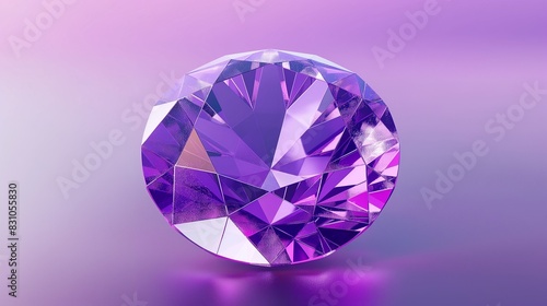 A 3D depiction of a violet gemstone with intricate cuts  placed centrally against a gradient background  highlighting its clarity and the light reflecting within it.
