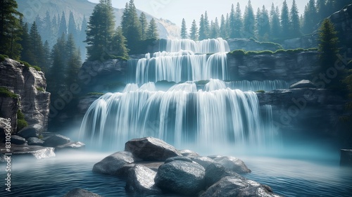 A 3D crystal clear waterfall cascading over smooth rocks against a background gradient of deep forest green to misty mountain blue, capturing the essence of natural beauty.