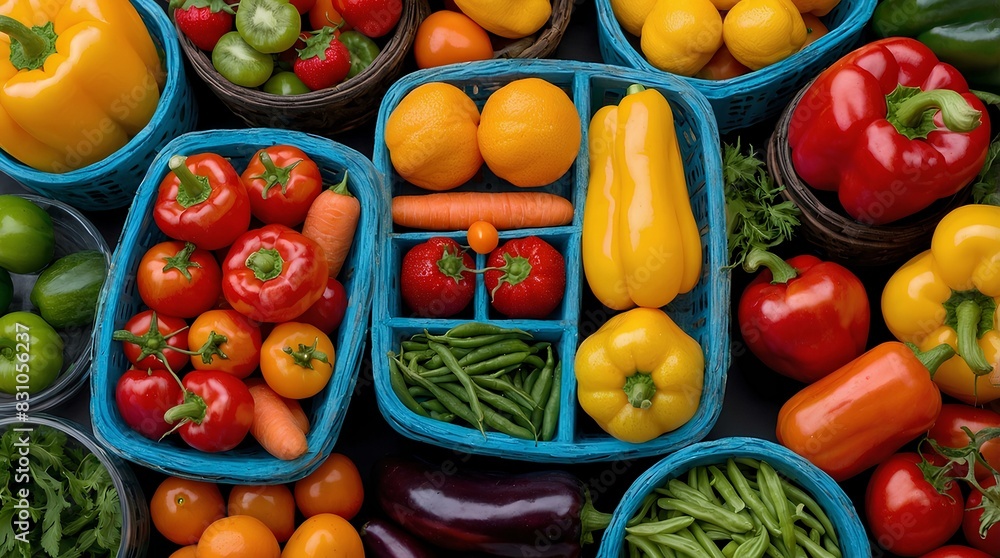 a photograph showcasing an organized collage of containers filled with a variety of fresh fruits and vegetables a photograph showcasing an organized collage of containers filled with a variety of fresh fruits and vegetables