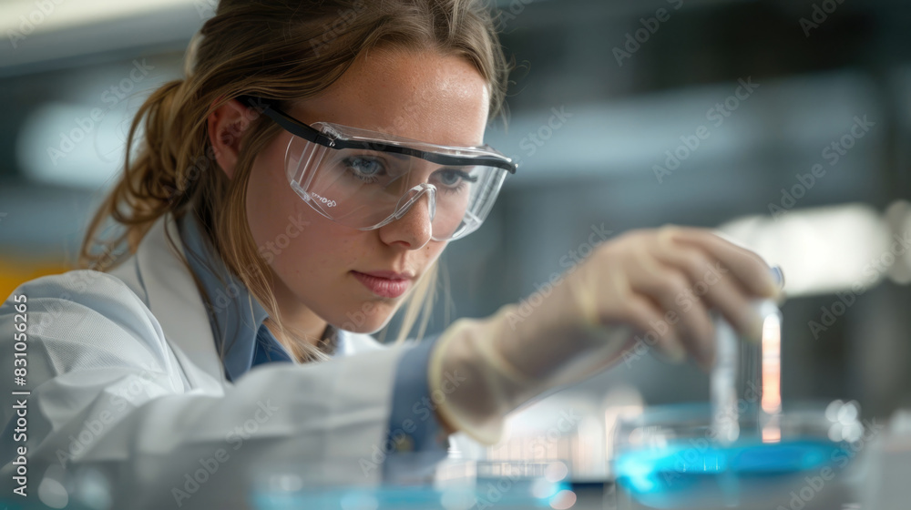 A young female scientist wearing a lab coat and safety goggles is working in a laboratory. She is holding a test tube and looking at it intently. A young female scientist wearing a lab coat and safety goggles is working in a laboratory. She is holding a test tube and looking at it intently.