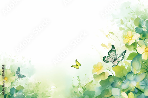 Spring Watercolor Illustration with Butterflies and Flowers with Copy Space
