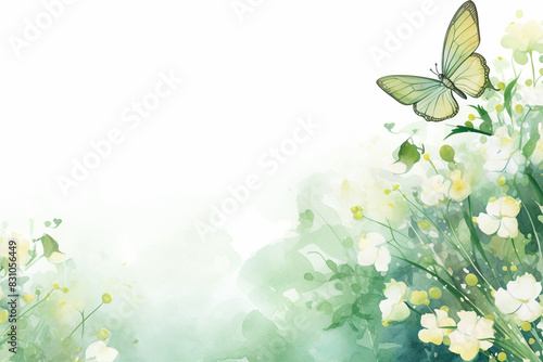 Nature Watercolor Illustration with Butterfly and Flowers with Copy Space 