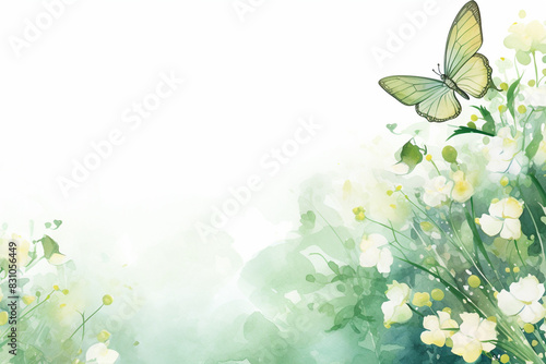 Nature Watercolor Illustration with Butterfly and Flowers with Copy Space
