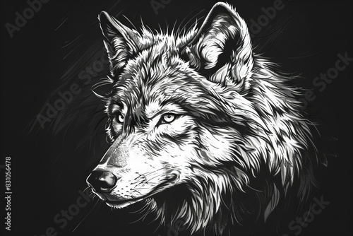 Depicting a old school black and white illustration of a wolf