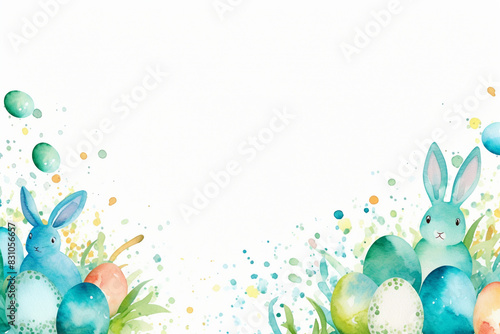 Easter Watercolor Frame with Bunnies and Eggs and Copy Space
