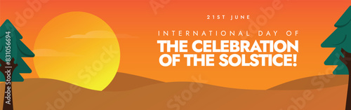 International Day of The Celebration of the solstice. 21st June International day of the celebration of the solstice cover banner with sun setting. The day marked the symbolic death and rebirth of sun photo