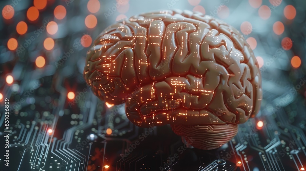 A close-up of a human brain with digital circuit patterns superimposed, representing the concept of artificial intelligence and smart technology. A close-up of a human brain with digital circuit patterns superimposed, representing the concept of artificial intelligence and smart technology.