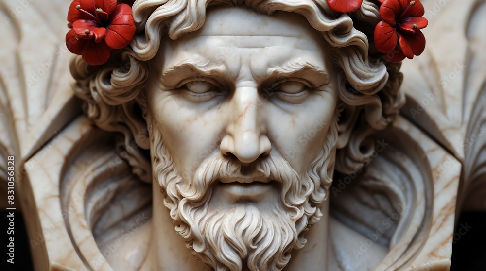 Fototapeta premium red flowers crown wreath of greek god marble sculpture statue art