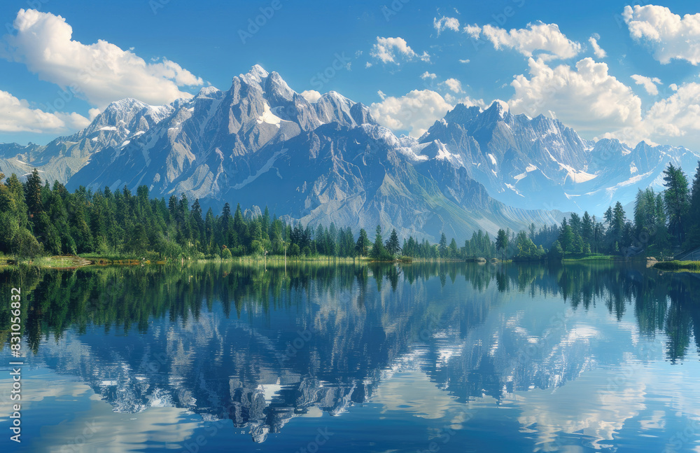 Beautiful nature view with lake and mountains. Created with Ai
