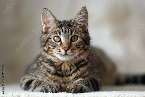 A tabby cat is lying down on a white background photo