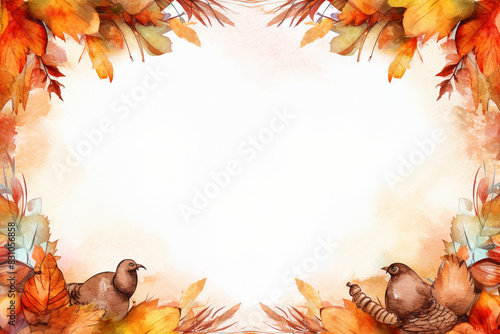 Autumn Watercolor Frame with Birds and Leaves and Copy Space
