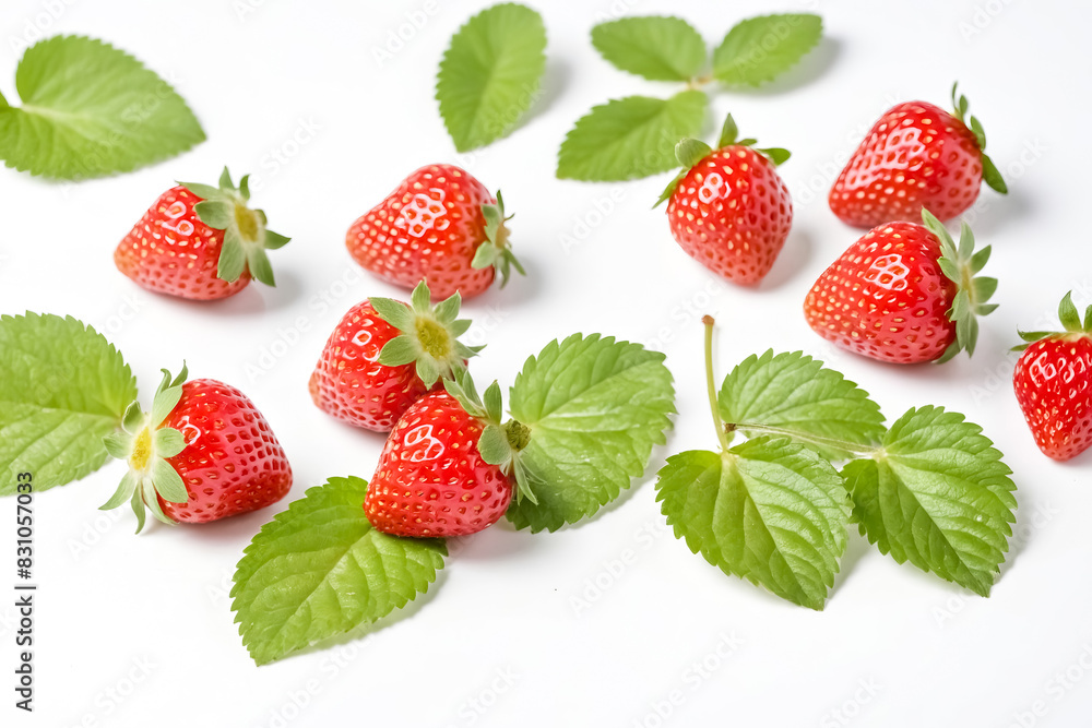 Fresh Strawberries with Green Leaves on White Background Fresh Strawberries with Green Leaves on White Background