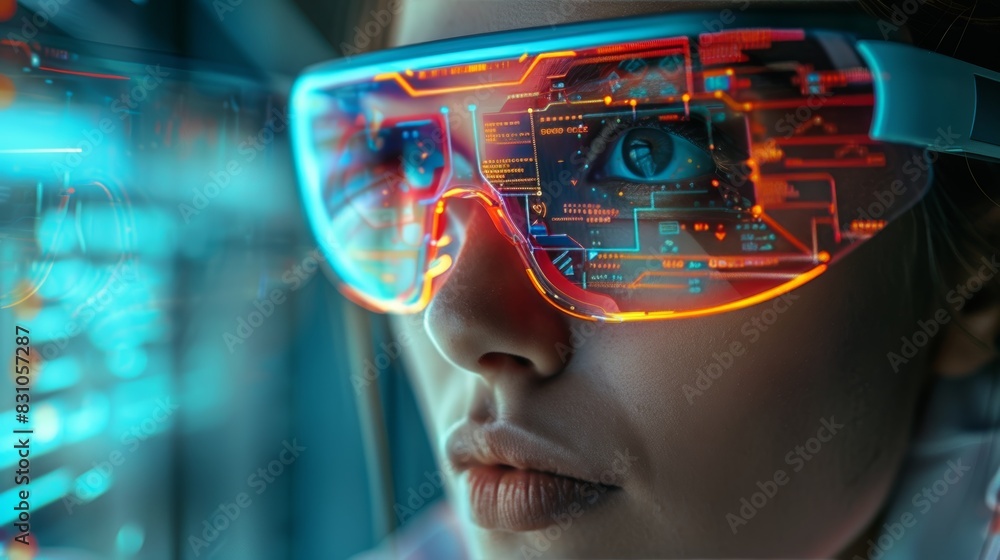 A close-up of a person's face wearing augmented reality (AR) glasses, with digital information and graphics overlaid on their view, illustrating the concept of modern digital augme A close-up of a person's face wearing augmented reality (AR) glasses, with digital information and graphics overlaid on their view, illustrating the concept of modern digital augme