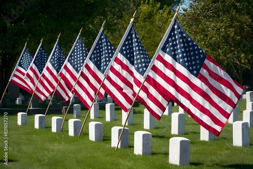 Cemetery scenes with American flags evoke solemnity, respect, and patriotism. photo