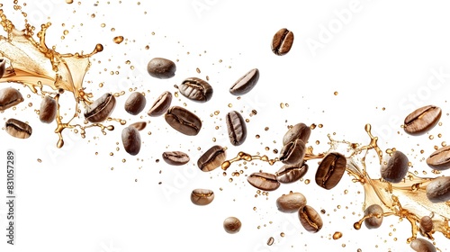 Flying Coffee Beans in Motion with Splashing Liquid