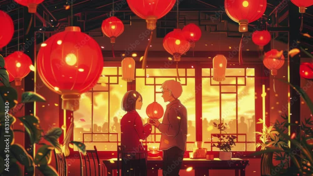 old couple enjoying while hanging red lanterns for Chinese New Year celebration at home, anime old couple enjoying while hanging red lanterns for Chinese New Year celebration at home, anime