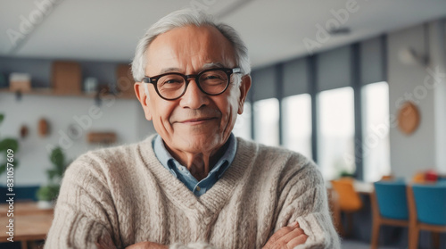 A man in a cozy sweater and glasses stands confidently, arms crossed, deep in thought