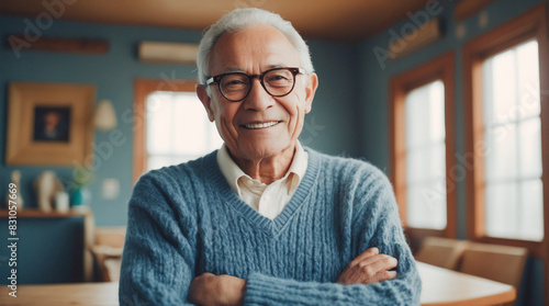 An older man with grey hair and glasses, wearing a cozy sweater, gazes thoughtfully into the distance photo