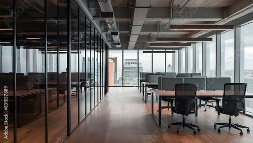 A sleek, modern office space with open workstations, glass walls, and a view of the cityscape through large windows  © Ahmad