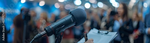 A journalist taking notes at a press conference, selective focus, realtime reporting theme, dynamic, overlay, conference hall backdrop