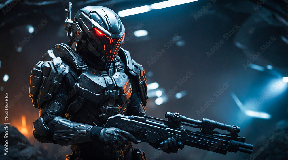 A man clad in a sleek, futuristic exosuit stands powerful, holding a rifle in a high-tech setting A man clad in a sleek, futuristic exosuit stands powerful, holding a rifle in a high-tech setting