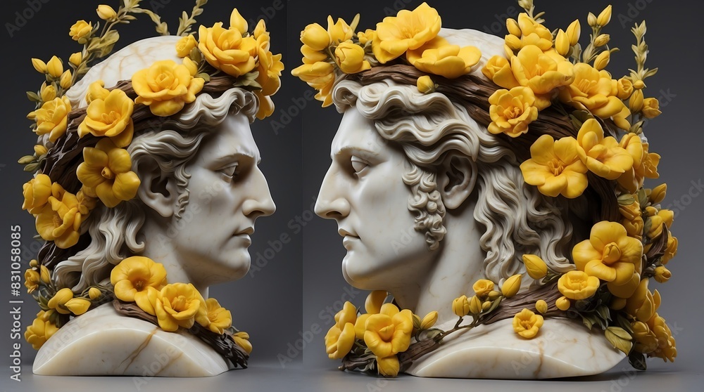 yellow flowers crown wreath of greek god marble sculpture statue art yellow flowers crown wreath of greek god marble sculpture statue art