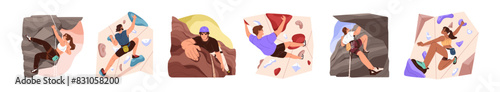 People go bouldering indoor and outdoor set. Young men and woman does extreme sport. Climbers training on rock climbing gym, cliff wall. Flat isolated vector illustrations on white background