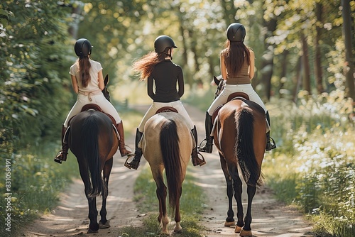 a image of three women riding horses down a dirt road © jambulart