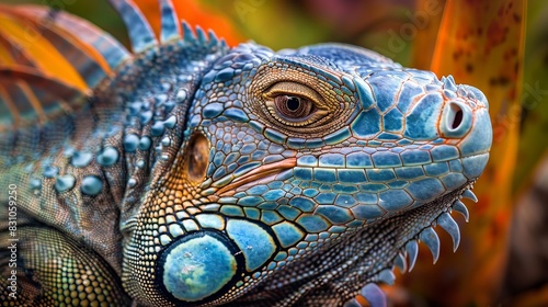 Close-up image of a colorful iguana showcasing vibrant scales and textures in a natural environment.