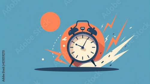 flat illustration of Footed Alarm Clock. Live clock alarm clock on a blue background, minimalistic design