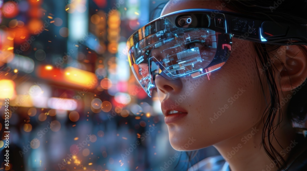 A person wearing augmented reality glasses, interacting with virtual elements in a cityscape, representing the integration of technology and urban progress.
