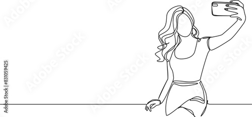 continuous single line drawing of young woman taking a selfie with her smartphone, line art vector illustration