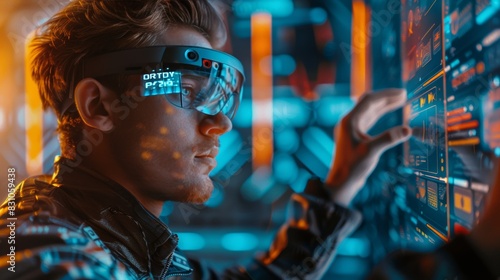 A person wearing augmented reality glasses, interacting with virtual elements in a cityscape, representing the integration of technology and urban progress. photo