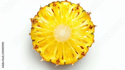 Top view of a pineapple ring with perfect circular form, bright and juicy, isolated on white, sharp studio lighting photo