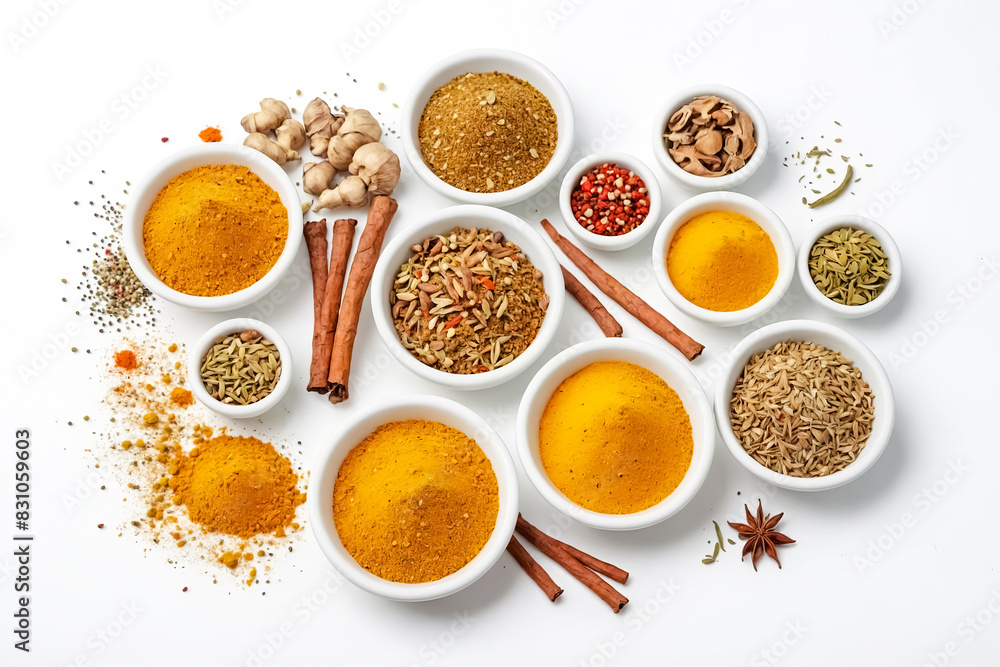 Assorted spices in white bowls on white background Assorted spices in white bowls on white background