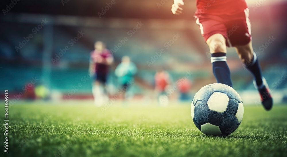 Fototapeta premium Soccer player dribbles a ball on green grass at a stadium with blurry fans in the background. Concept of sport competition, sportsmen and game action during a match. 