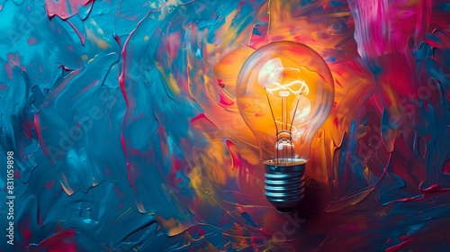 Top angle, radiant lightbulb with colorful oil paint swirls, abstract concept of innovation and inspiration, bright illumination and energy photo