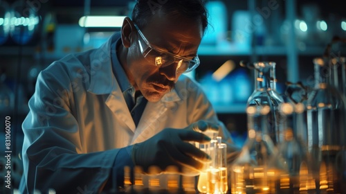 A scientist in a lab coat examining a test tube of glowing liquid, symbolizing groundbreaking research and innovative discoveries in science. photo