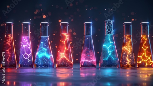 Stylized illustration of conical flasks and test tubes with neon liquids, molecular structures visible, isolated background, studio lighting photo
