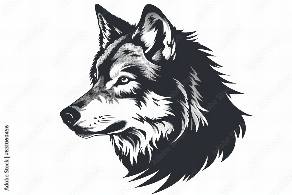 Featuring a wolf logo template illustration symbol of black and white wolf, black design symbol tatooed with a dark eye tattoo of face of a man